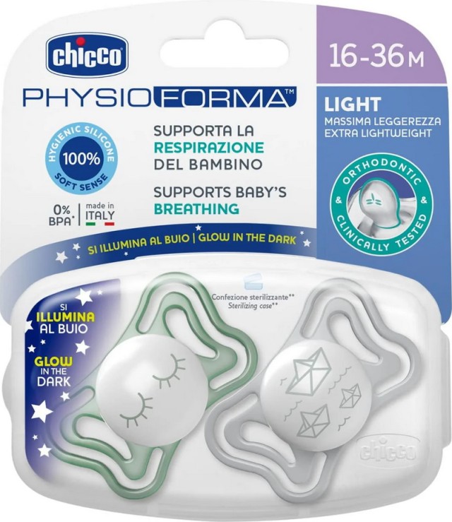 Chicco PhysioForma Light Glow in the Dark Πιπίλα Σιλικόνης Γκρι/Πράσινο 16-36m 2τμχ