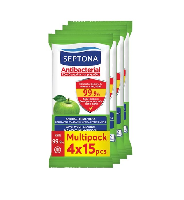 Septona Antibacterial Hand Wipes Aντιβακτηριακά Mαντηλάκια Xεριών Πράσινο Μήλο 60 Tεμάχια (4x15 τεμάχια)