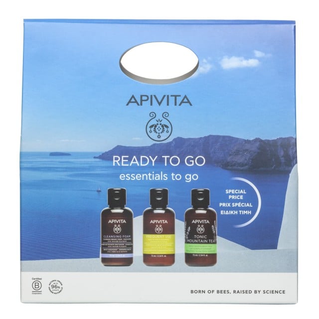 Apivita Set Just Dew it Essentials to go Mini Αφρός Καθαρισμού Πρόσωπο & Μάτια Ελιά-Λεβάντα 75ml + Μini Shampoo Καθημερινής Χρήσης με Χαμομήλι & Μέλι 75ml + Mini Shower Gel Αφρόλουτρο Tonic Mountain Tea 75ml