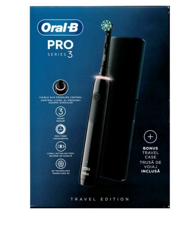 Oral B Pro 3 3500 Cross Action Black Edition Ηλεκτρική Οδοντόβουρτσα με Αισθητήρα Πίεσης + Θήκη Ταξιδιού 1τμχ