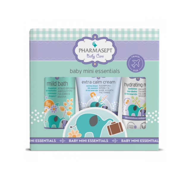 Pharmasept Set Baby Care Mini Essentials με Baby Care Mild Bath Απαλό Βρεφικό Αφρόλουτρο για Σώμα & Μαλλιά 100ml + Extra Calm Cream Αδιάβροχη Κρέμα Αλλαγής Πάνας 40ml + Hydrating Milk Ενυδατικό Γαλάκτωμα για Σώμα & Πρόσωπο 40ml