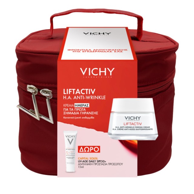 Vichy Set Liftactiv H.A. Anti-Wrinkle Firming Cream Κρέμα Ημέρας για Κανονική - Μεικτή Επιδερμίδα 50ml + Δώρο Capital Soleil UV-AGE Daily SPF50+ 15ml + Νεσεσέρ Κόκκινο 1τμχ