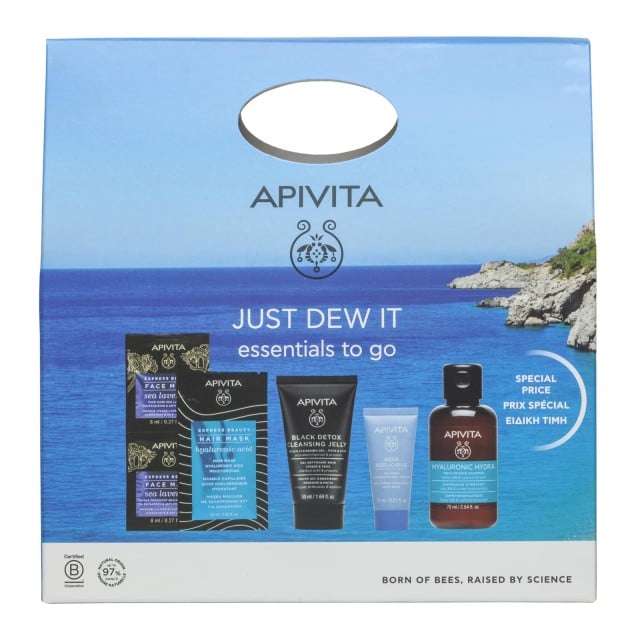 Apivita Set Just Dew it Essentials to go Aqua Belicious Oil Hydrating Gel Cream 15ml + Hyaluronic Hydra Moisurizing Shampoo With Honey StB & Hyaluronic Acid 75ml + Black Detox Cleansing Jelly 50ml + Express Beauty Hair Mask Hyaluronic Acid 20ml + Express