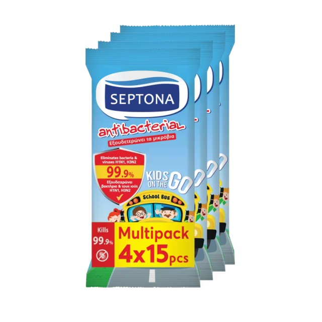 Septona Antibacterial Kids On The Go Αντιβακτηριδιακά Μαντηλάκια Χεριών 60 Tεμάχια (4x15 τεμάχια)