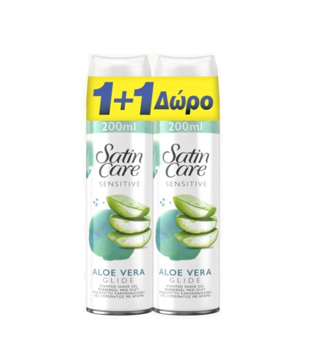 Gillette Satin Care Sensitive Skin Shave Gel Aloe Vera Glide Γυναικείο Τζελ Ξυρίσματος 200ml 1+1 Δώρο